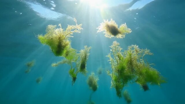 Underwater sun rays illuminate floating green algae and aquatic plants in clear blue ocean water