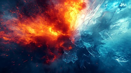 A dramatic clash between fiery flames and icy crystals in a dark and turbulent abstract background with contrasting colors