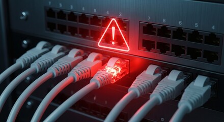 Network Security Alert Server Room Connection Failure with Red Warning Sign.
