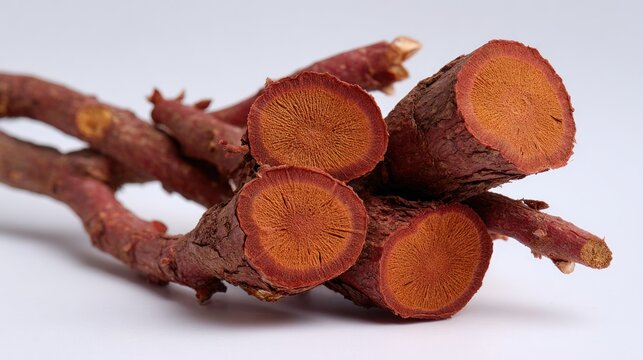 Dried rhizome slices of glabrous greenbrier are shown on a white background with sharp details and clear focus to display texture and color