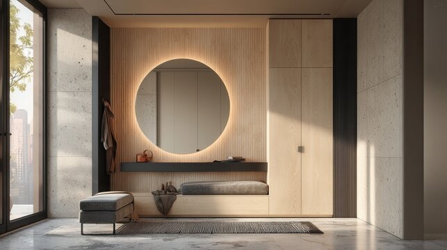 stylish modern entryway interior with built-in wardrobe, floating console table, round mirror with backlighting, textured wall panels and minimalist bench