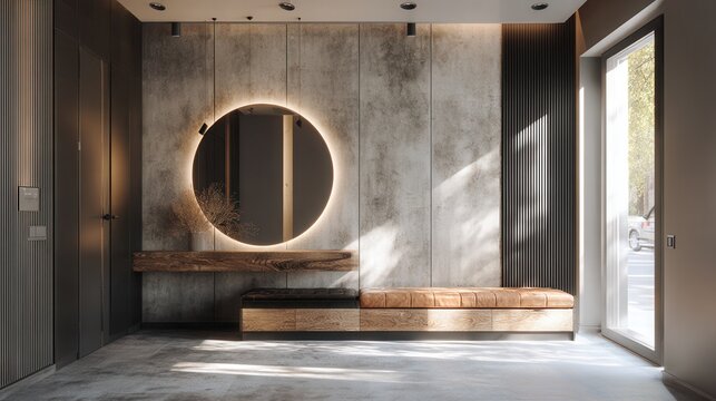 stylish modern entryway interior with built-in wardrobe, floating console table, round mirror with backlighting, textured wall panels and minimalist bench
