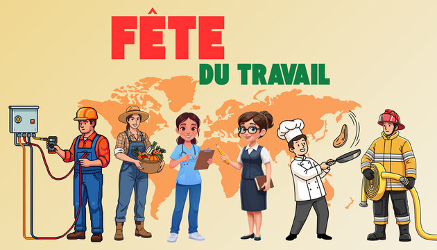 A flat illustration celebrating International Workers' Day, May 1st. It depicts a diverse group of professionals standing in front of a world map. The design includes text in French.