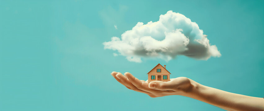 Hand Holding Miniature House Under a Floating Cloud.