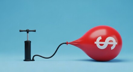 Inflated Dollar Pumping Red Balloon on Blue.