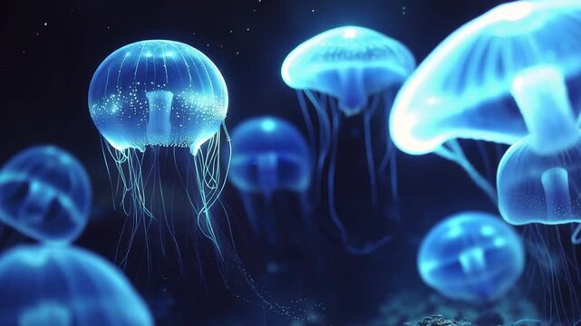 Captivating underwater tableau features several glowing jellyfish gracefully dancing amidst the deep blue sea, illuminated by an ethereal light.