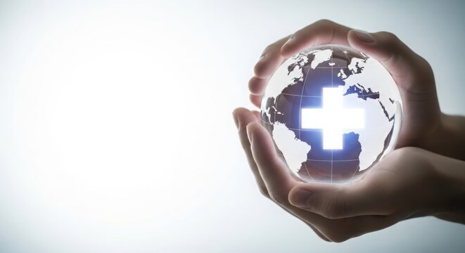 Hands gently cradling a crystal globe with a bright glowing medical cross symbol representing universal healthcare and global aid