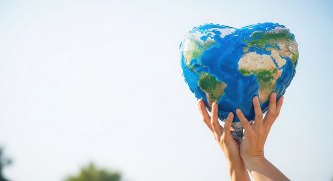 Two hands holding a heart shaped earth balloon against a bright blue sky symbolizing love for the planet and global unity.