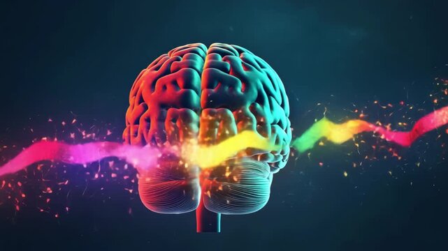 Colorful energy waves surrounding a vibrant brain model in motion