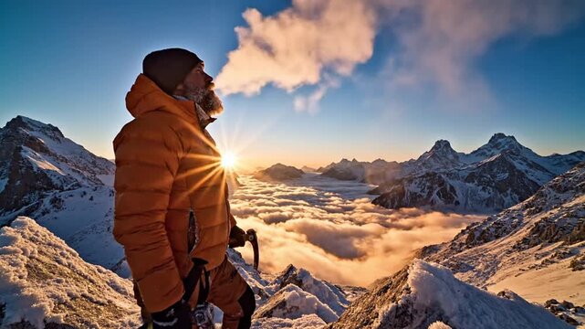 Adventurous man stands on snowy mountain summit at sunrise