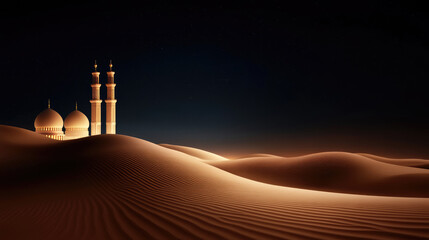 Obraz premium Desert mosque silhouetted against a serene night sky, a golden crescent moon illuminating the vast sand dunes, symbolizing Islamic spirituality and the holy night of Laylat al Qadr during Ramadan