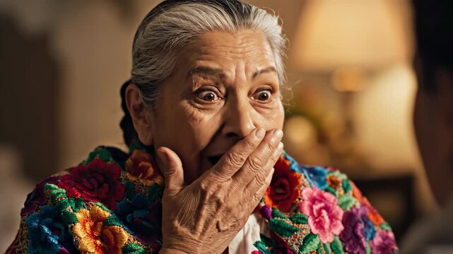 Elderly woman with grey hair gasps in shock covering mouth with hand