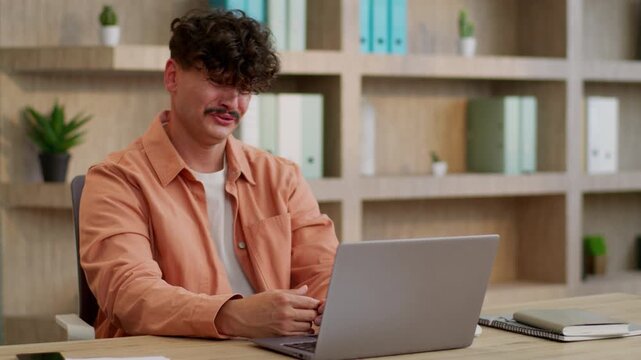 Desperate Caucasian business man emotional reaction failure work online laptop error low battery businessman guy male sad lost with computer loosing working trouble financial company problem in office