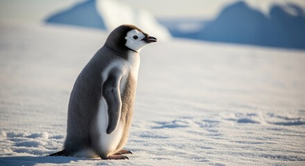 Fototapeta premium Young penguin standing on snow looking to the side with icebergs background