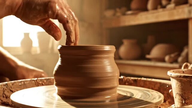 Artisan hands shaping wet clay on a potter's wheel
