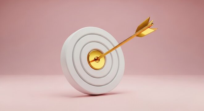 3 d render of a bullseye target with arrow achieving the goal on pink background