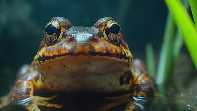  A captivating close-up photograph showcasing the intricate details of a frog, highlighting its unique skin texture and expressive eyes.