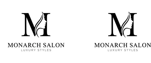 Monarch Salon Luxury Styles Vector Logo Template, Elegant Letter M with Woman Face Silhouette Icon, Minimalist Branding for Hairdresser, Beauty Spa, Cosmetics, and Fashion Studio.