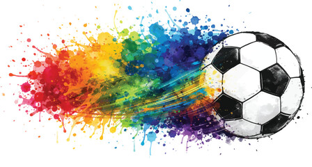Dynamic vector illustration of a black and white soccer ball with a vibrant rainbow watercolor paint splash trail, isolated on a transparent background. © Rehman