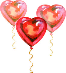 Hand-painted watercolor illustration of three heart-shaped balloons in vibrant red and pink. These romantic floating gems feature glossy textures and golden curled ribbons, perfect for Valentine's Day