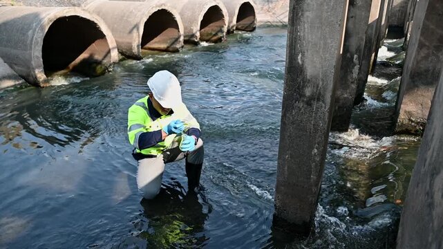 A water resources officer is collecting water samples near a sluice gate for quality testing