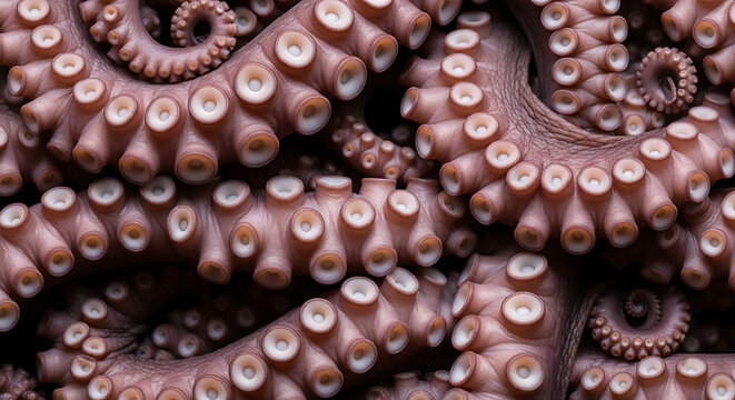 Intricate texture of multiple octopus tentacles with their rows of suction cups, showcasing the fascinating anatomy and unique patterns of this marine creature