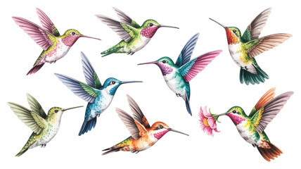 colorful hummingbirds in flight isolated on white background