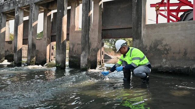 A water resources officer is collecting water samples near a sluice gate for quality testing