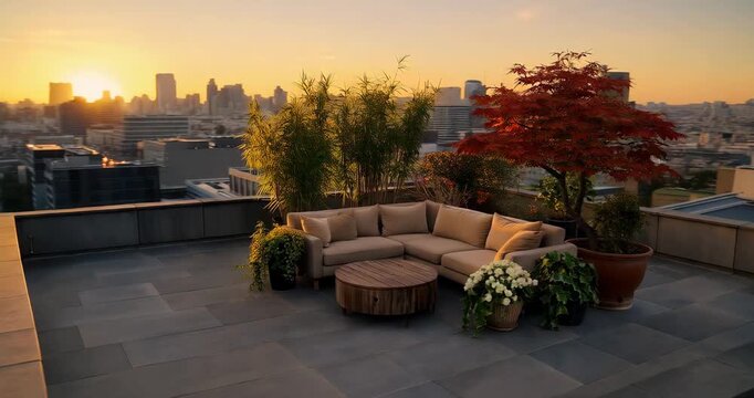 Rooftop lounge with modern furniture and lush greenery overlooking city skyline at sunset