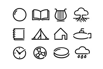Minimalist black line icon set featuring book house tent clock submarine tree and rain cloud symbols on white background © PAPA STOCK