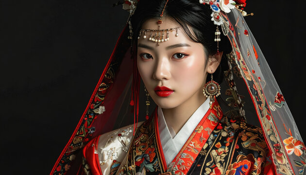 Elegant Asian Woman in Traditional Red and Gold Embroidered Costume