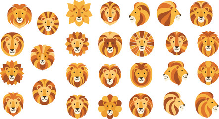 Fototapeta premium Cute Lion Head Icon Set Flat Cartoon African Animal Face Collection Different Mane Styles Safari Wildlife Vector Illustration