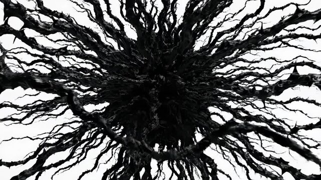 Black abstract tree roots spreading out on isolated white background with many branches