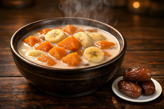 Traditional Indonesian kolak pisang and ubi dessert made with bananas and sweet potatoes in coconut milk, served with dates on a rustic wooden table.