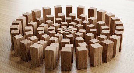 Obraz premium Wooden blocks arranged in a spiral pattern on a light wood surface