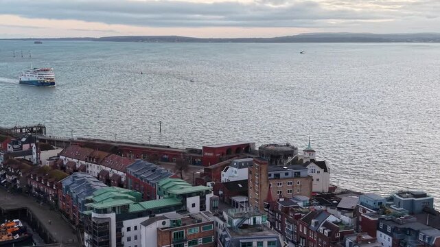 Isle of Wight ferry approaching Portsmouth on Solent UK drone,aerial