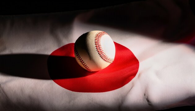 light shining on baseball placing on Japan flag in the dark