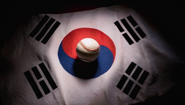 light shining on baseball placing on South Korea flag in the dark
