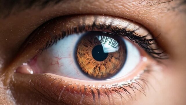 Detailed macro shot of a human eye with brown iris and visible veins