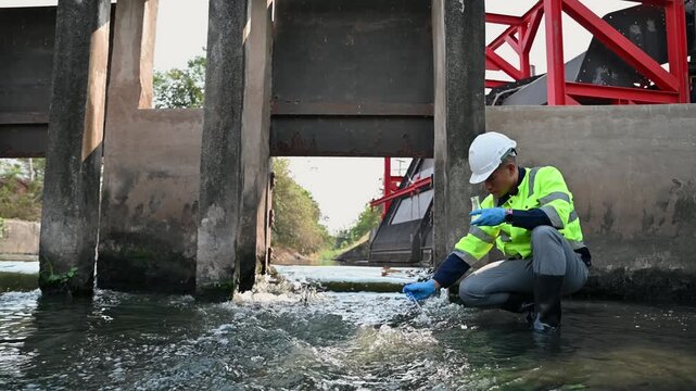 Engineer collected water sample in Erlenmeyer glass bottle to check water quality at the water gate