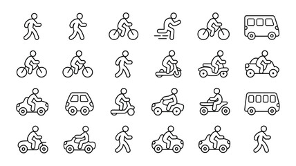 Naklejka premium line icons of people walking and riding vehicles