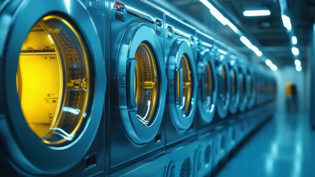  A line of commercial washing machines gleam, illuminated by warm interior lights, hinting at the efficiency of the modern laundry.