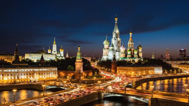 Moscow Cityscape at Sunset: Timelapse of Famous Buildings and Landmarks Transitioning into Night