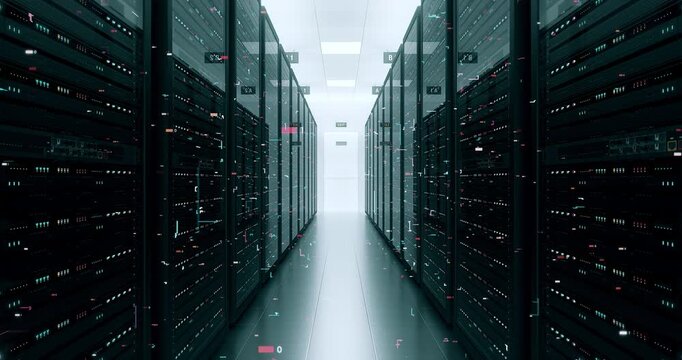 Modern High Tech Data Center Servers with Forward Motion 4K. Technology And AI Related 3D Animation.