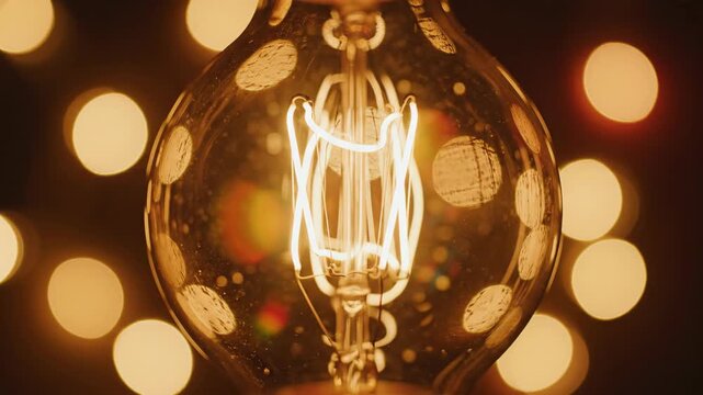 Macro close-up of a glowing Edison light bulb filament with soft bokeh lights