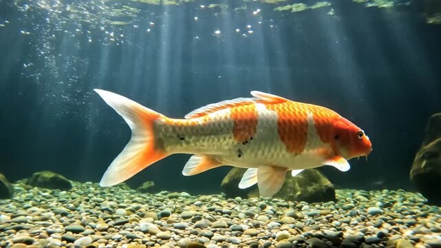 Orange and white koi fish swimming underwater in a brightly lit aquarium
