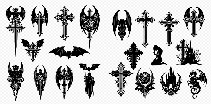 Gothic cross and bat wing symbols, vampire castle, dragon, and kneeling figure vector set.