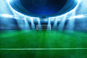 professional soccer goal on a lush green field. Bright stadium floodlights create a cinematic glow under a starry night sky, big match. Sports tournament, world championship © alones