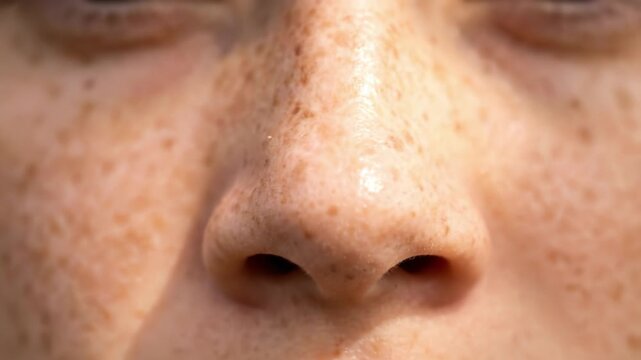 Extreme close-up of a person's nose and cheeks covered in brown freckles. Highlights natural skin texture and unique beauty under bright sunlight. Ideal for skincare or dermatology content.
