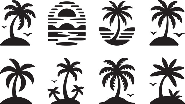 Collection of black silhouette tropical palm trees and island scenes with birds and sun beach